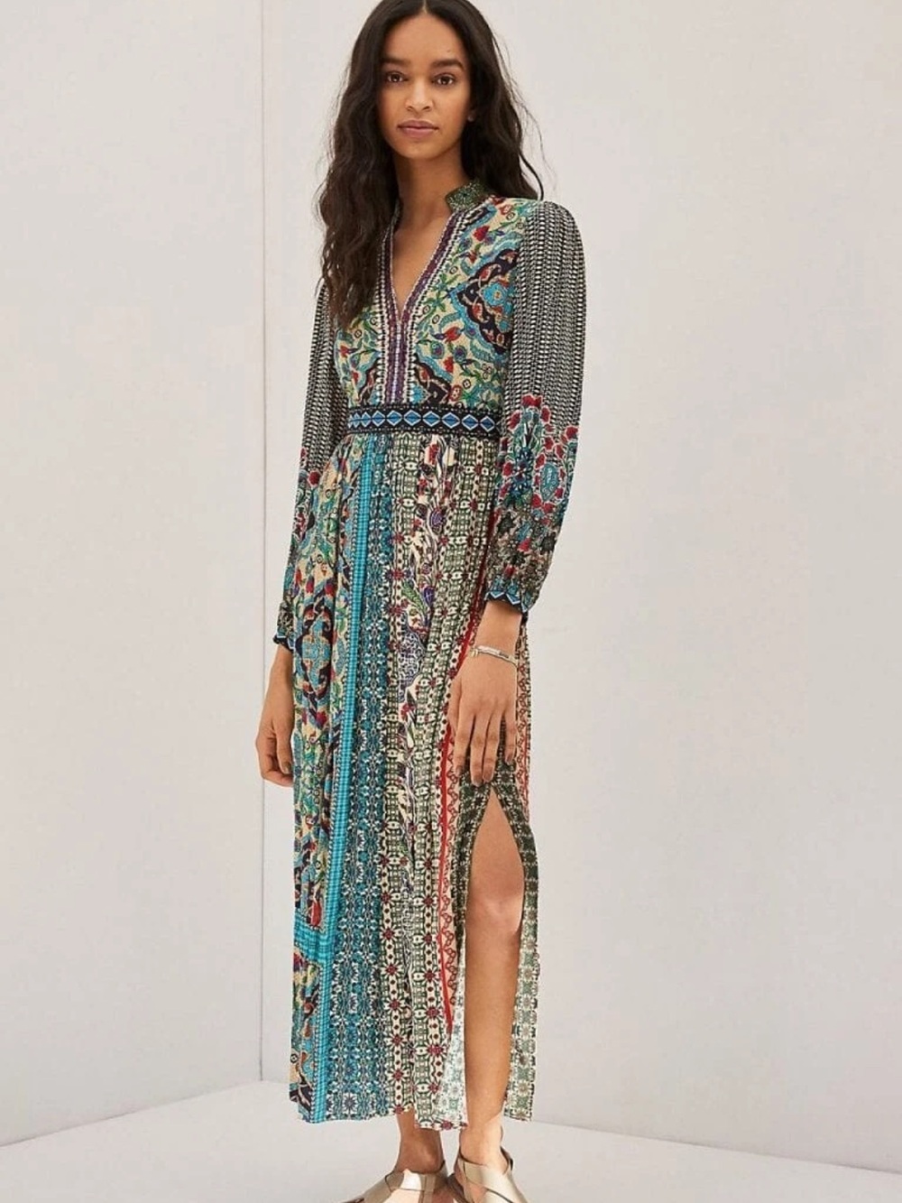 Anthropologie Bhauni by Jyoti Boho Printed Maxi Dress Embellished